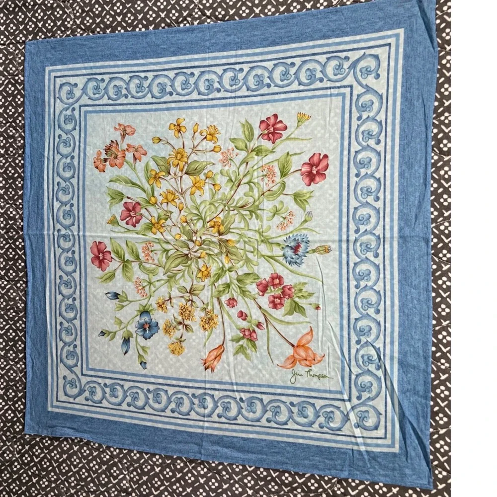 Jim Thompson Blue Floral Cotton Square Scarf Made in Thailand 18.5in